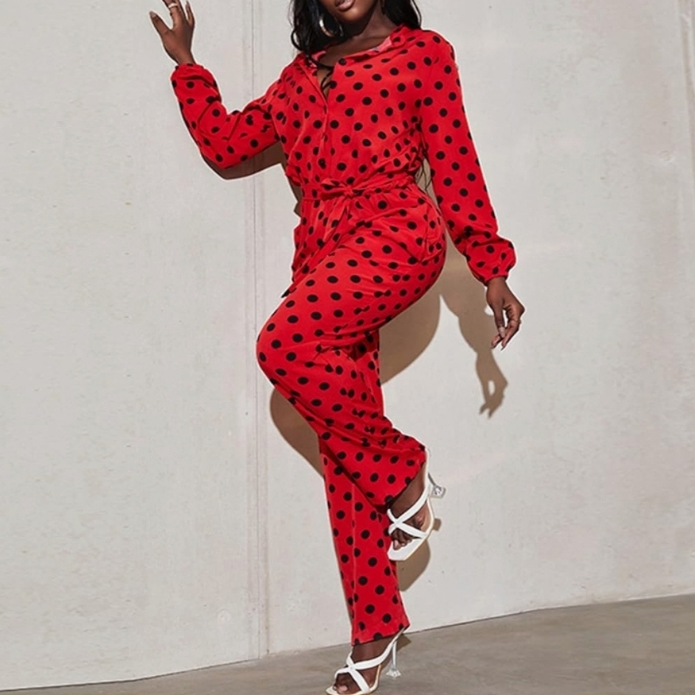 Polka dot Jumpsuit for Women Elegant deep v Neck Romper Sexy Long Sleeve Belted